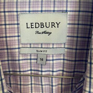 Ledbury 100% cotton slim fit dress shirt size 16 - blue, purple, and white check